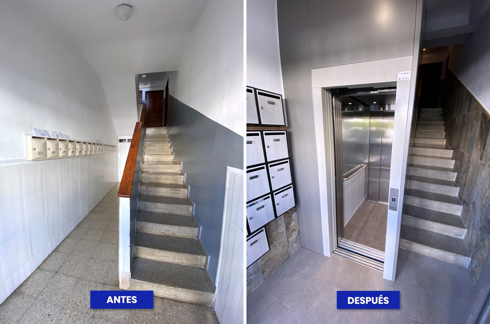 Antes y después de la instalación de un ascensor para eliminar las barreras arquitectónicas en una comunidad de propietarios