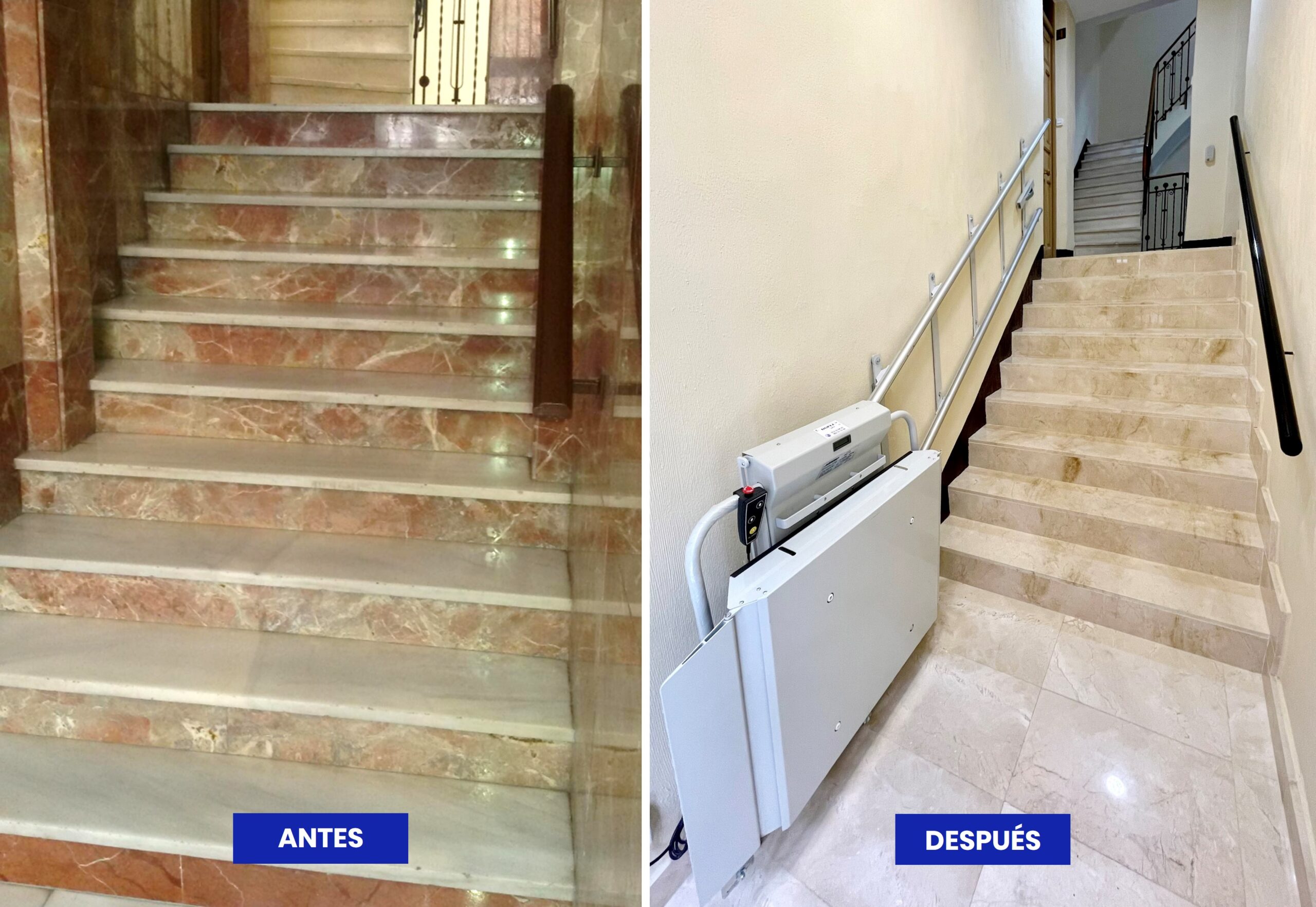 Antes y después de la instalación de un salvaescaleras en una comunidad de propietarios