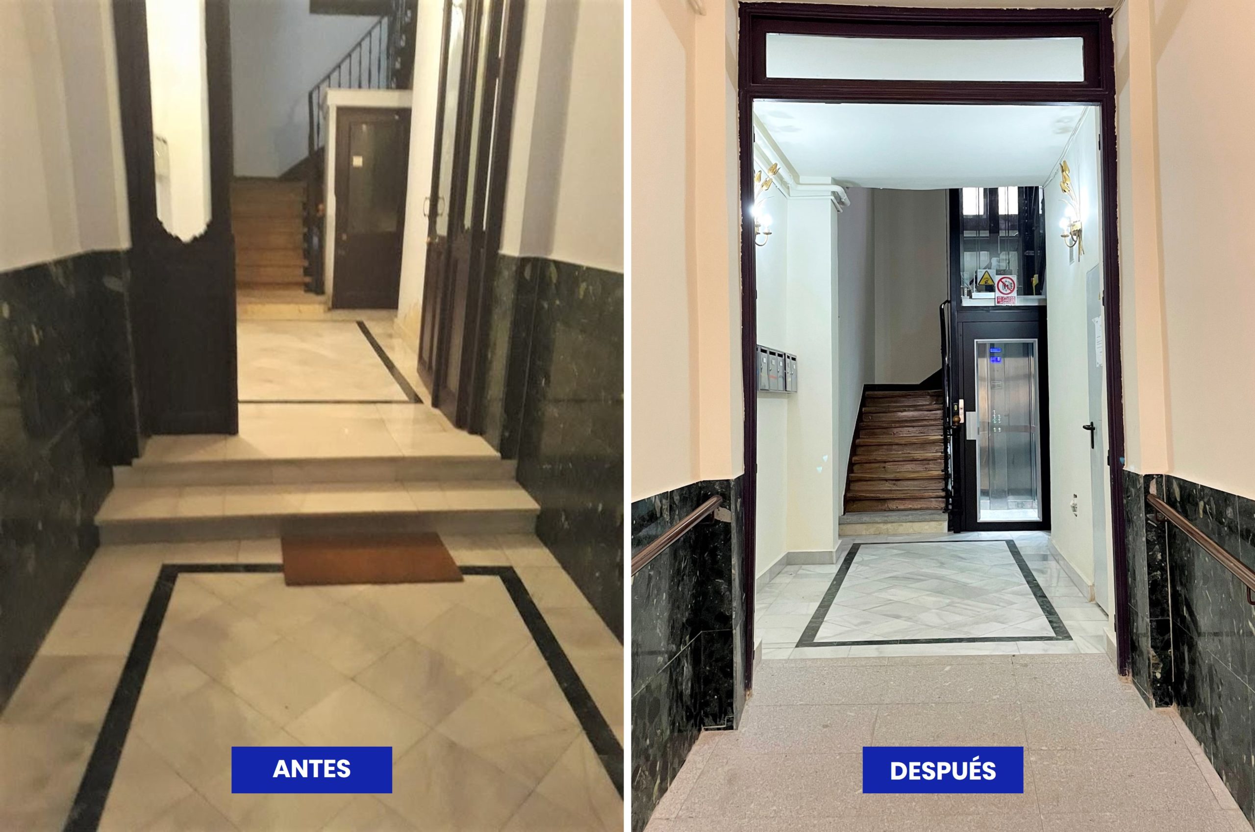 Antes y después de la instalación de un ascensor en un edificio antiguo