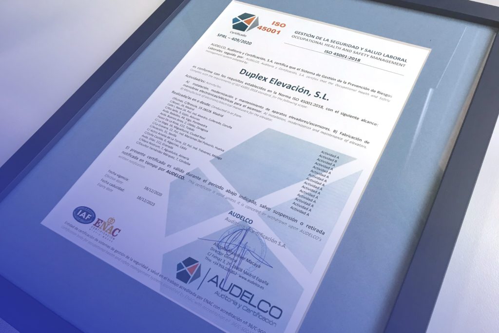 DUPLEX Ascensores, líder en prevención de riesgos laborales