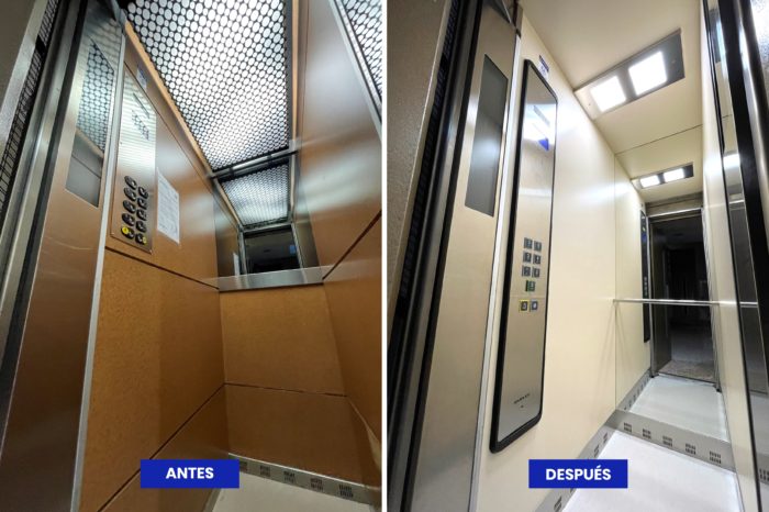 antes y después de una modernización de la cabina del ascensor