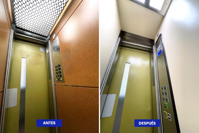 antes y después de modernización de botonera y cabina de ascensor