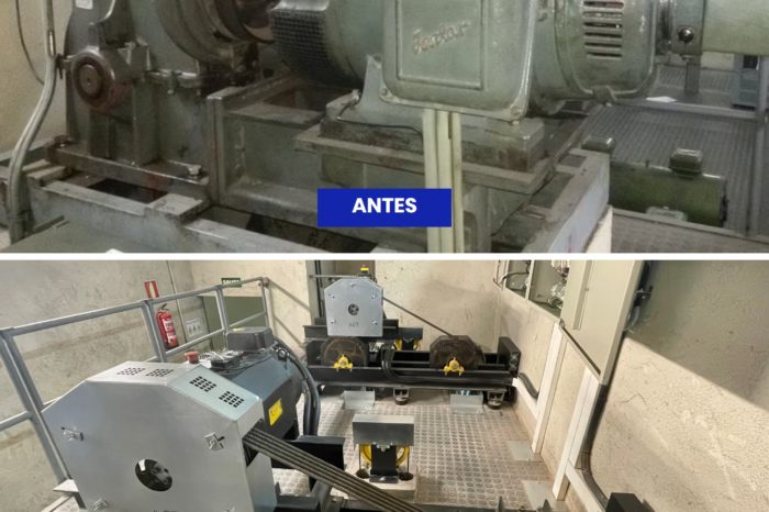 antes y despues de modernización de una máquina de ascensores