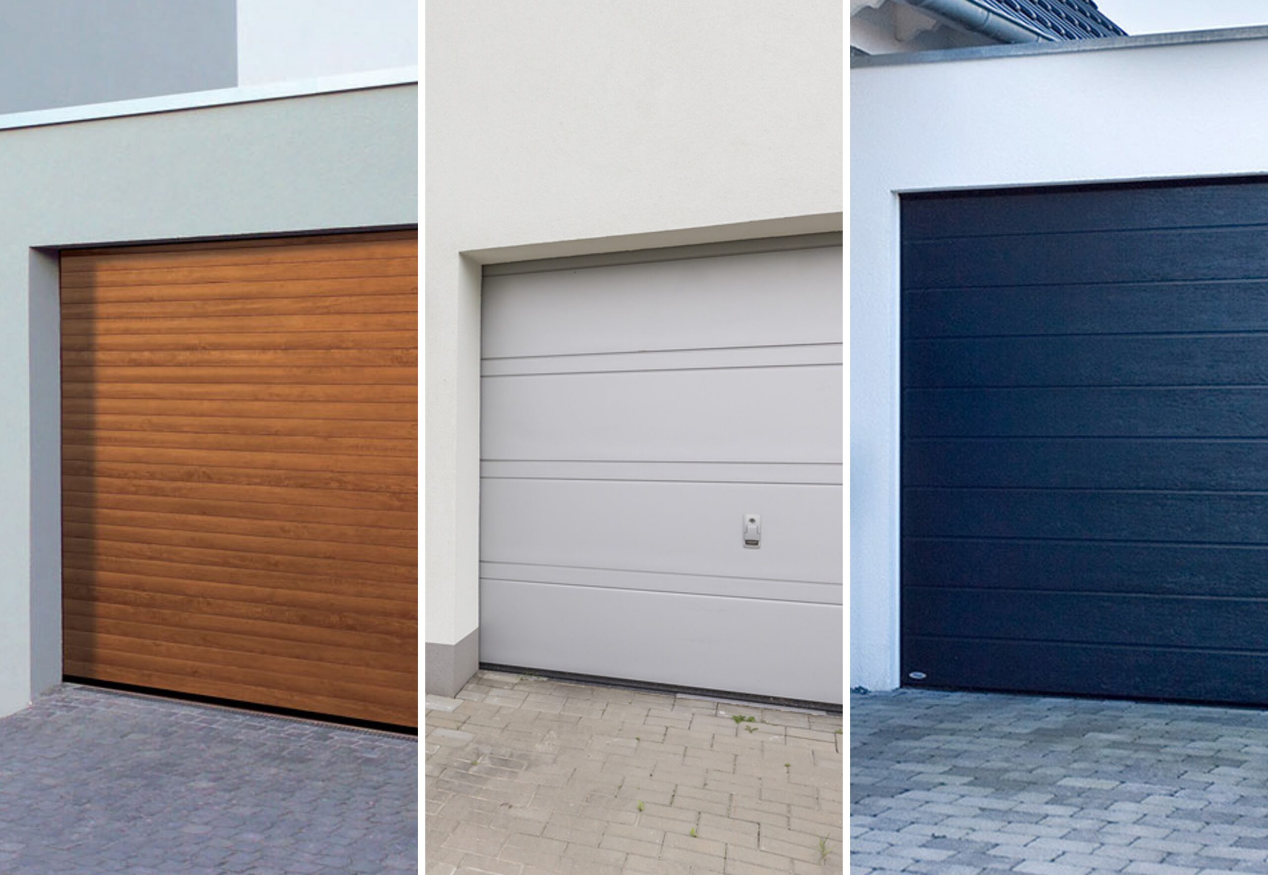 Imagen con tres tipos de puertas de garaje según el material. De izquierda a derecha, una puerta de garaje de madera, una puerta de garaje metálica y una puerta de garaje de acero