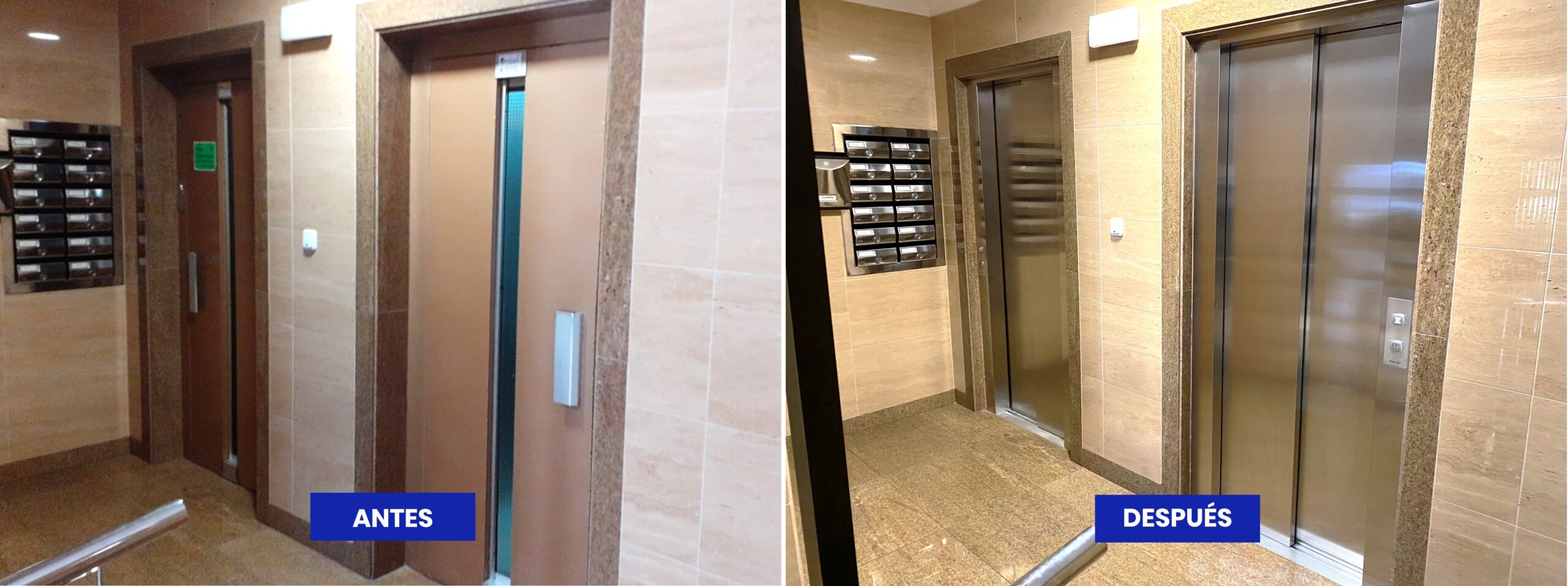 Antes y después de la modernización de las puertas de un ascensor