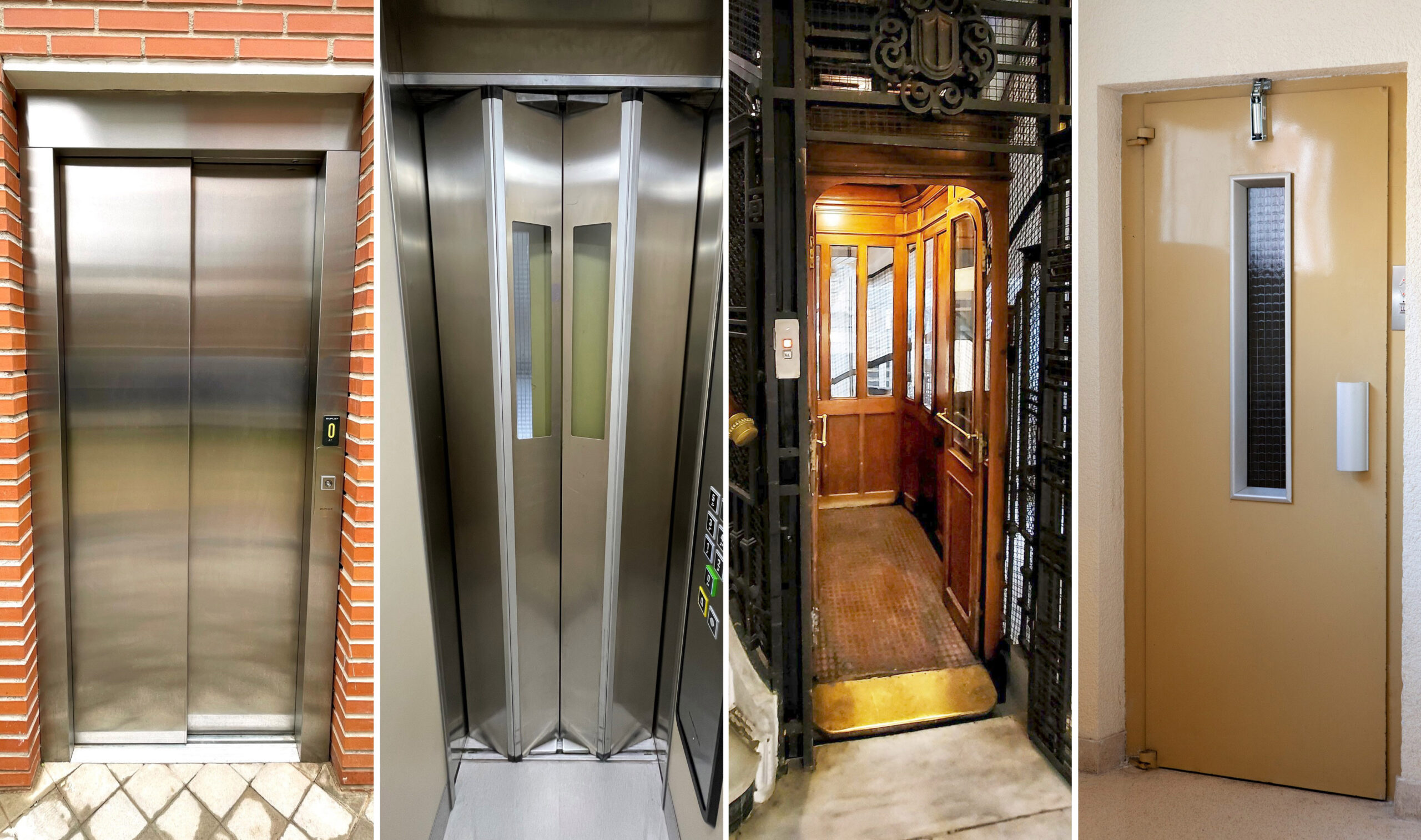 Ejemplos de puertas automáticas, puertas tipo bus, puertas manuales y puertas semiautomáticas de ascensores