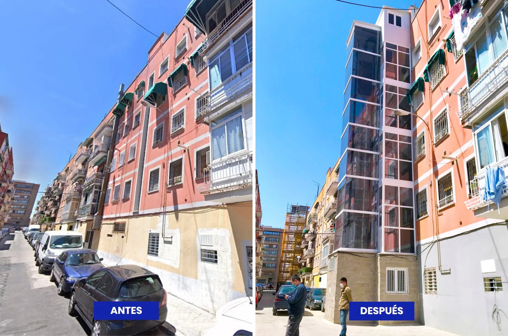 Antes y después de la parte frontal de un edificio en la instalación de un ascensor exterior por fachada