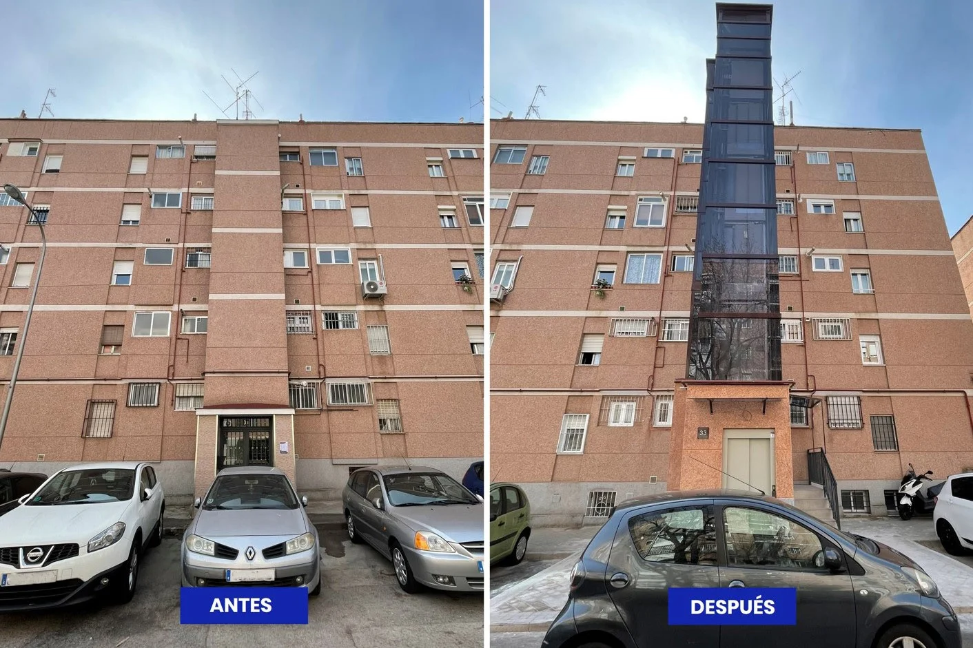 Imágenes comparativas del estado previo y reformado de la instalación de un ascensor exterior en la Calle Arzúa de Madrid