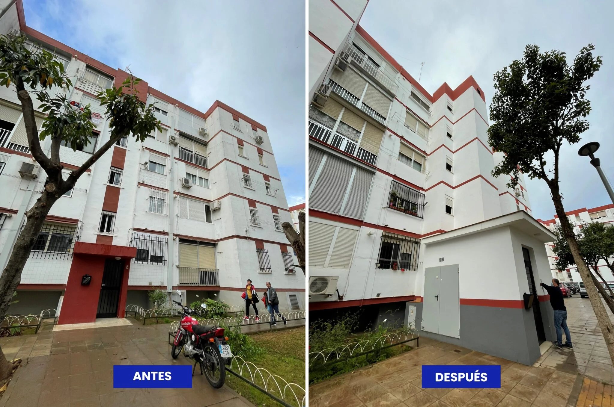 Antes y después de un edificio en la instalación de las estructuras y los cerramientos de un ascensor exterior en la fachada frontal