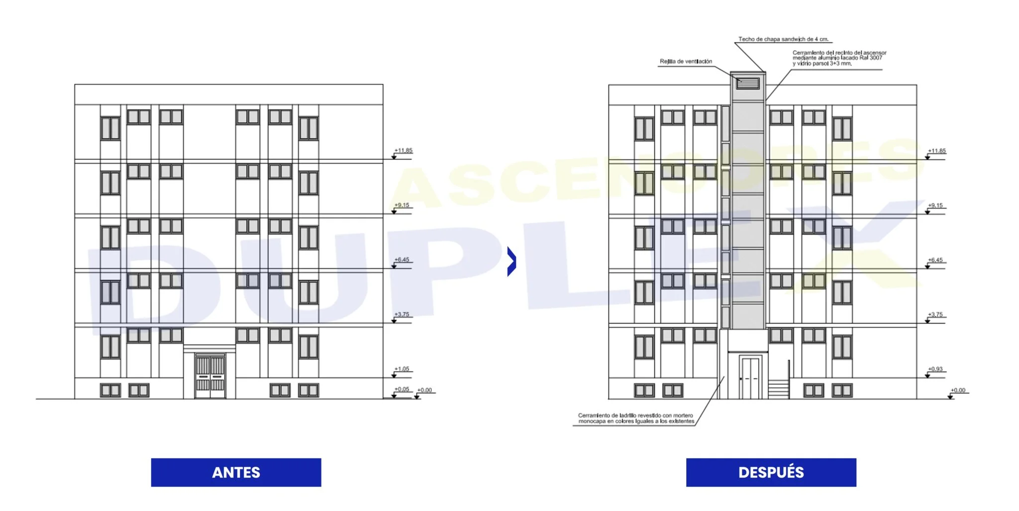 Planos de la vista frontal del edificio en la instalación de un ascensor exterior