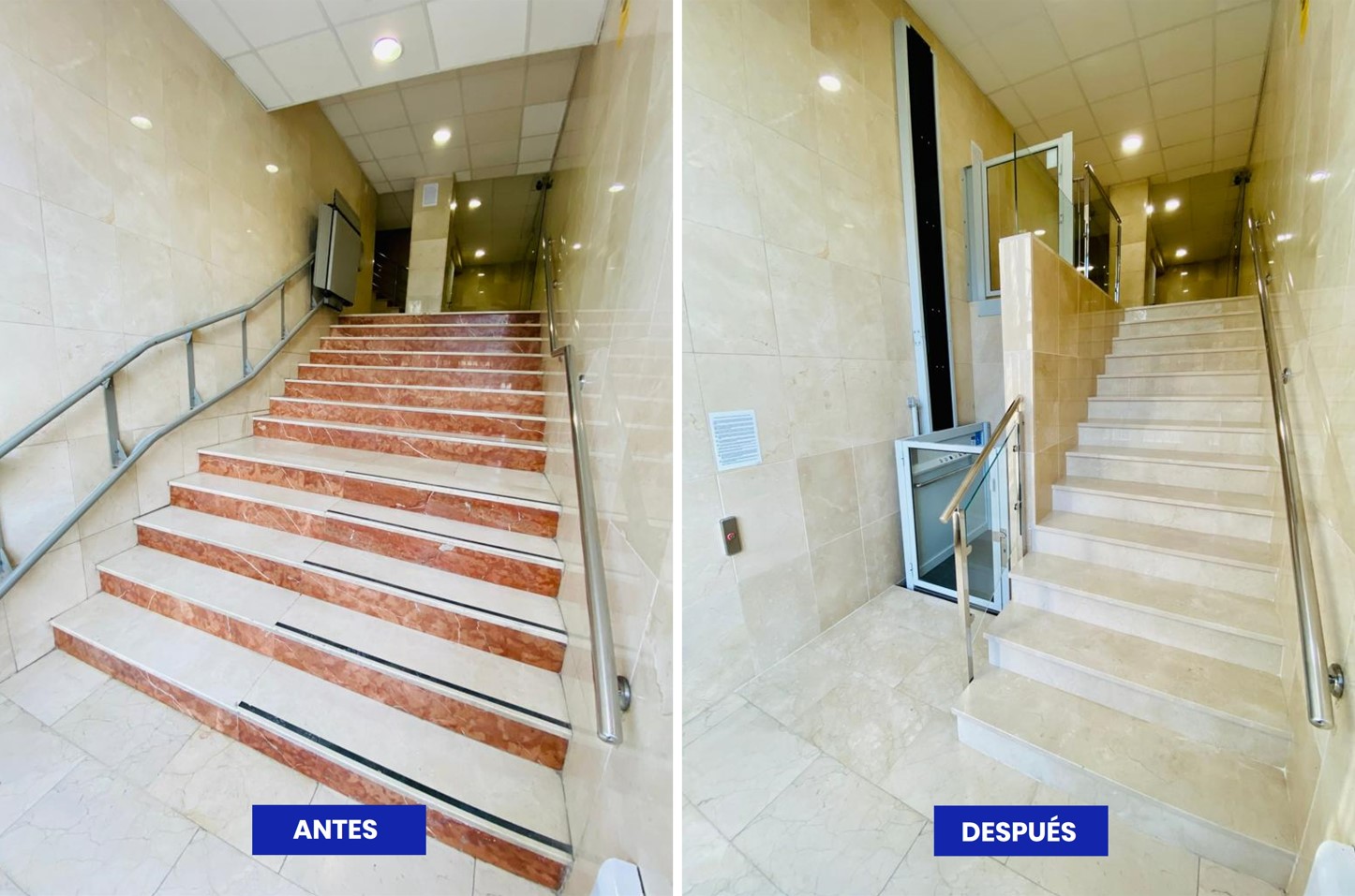 antes y después de la instalación de un ascensor accesible con salvaescaleras en un portal de un edificio residencial