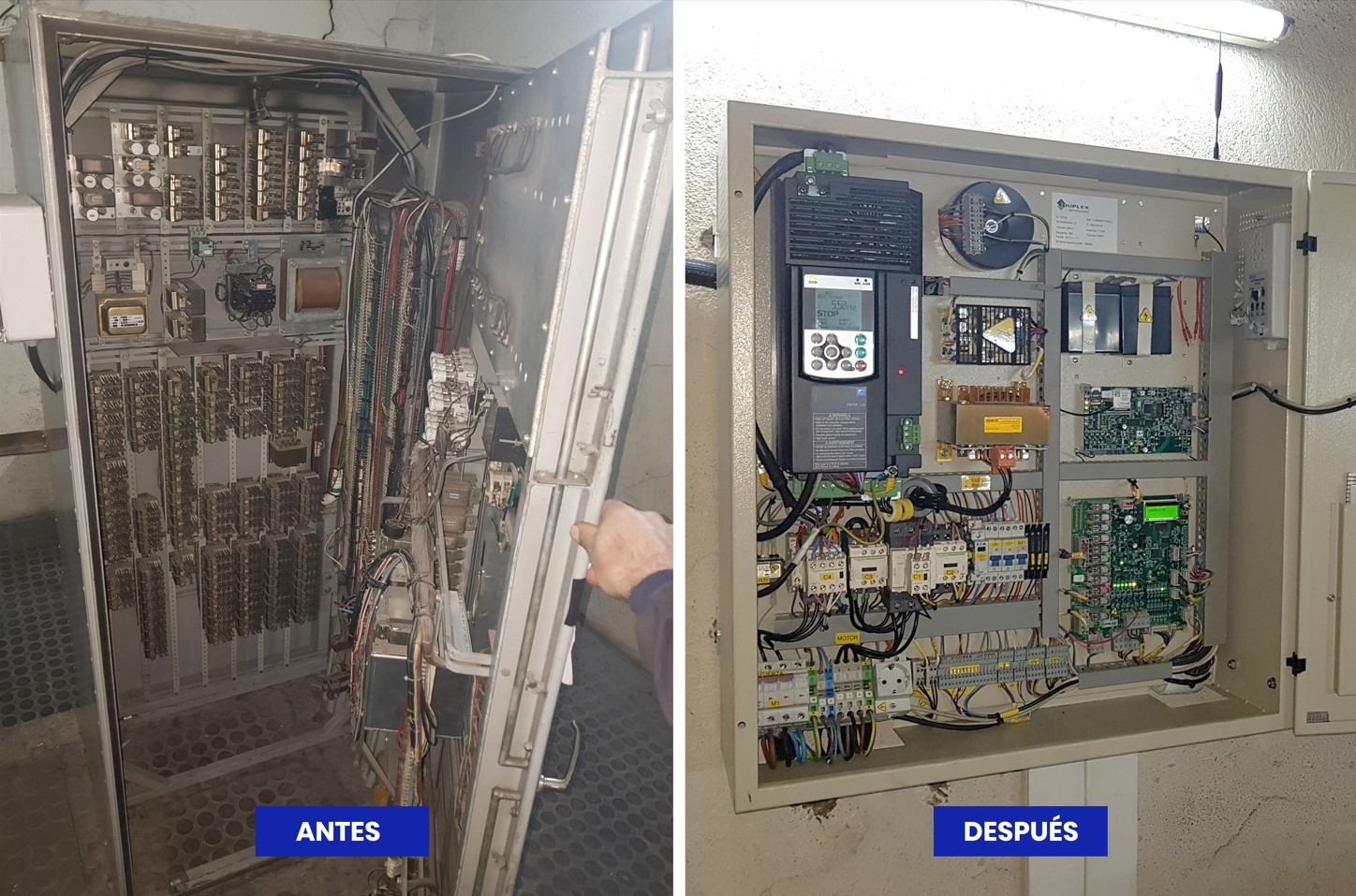Antes y después de la modernización del cuadro de maniobras en un ascensor