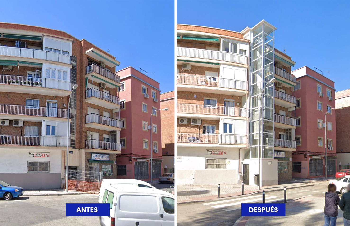 antes y después de las obras de instalación de un ascensor en la fachada de un edificio de Madrid