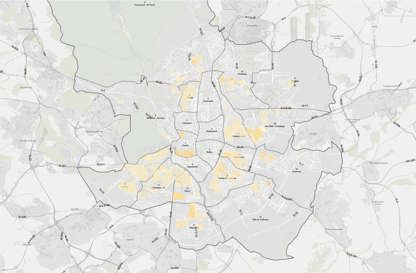 Mapa de las zonas de la Comunidad de Madrid donde se puede solicitar el Plan Rehabilita 2023