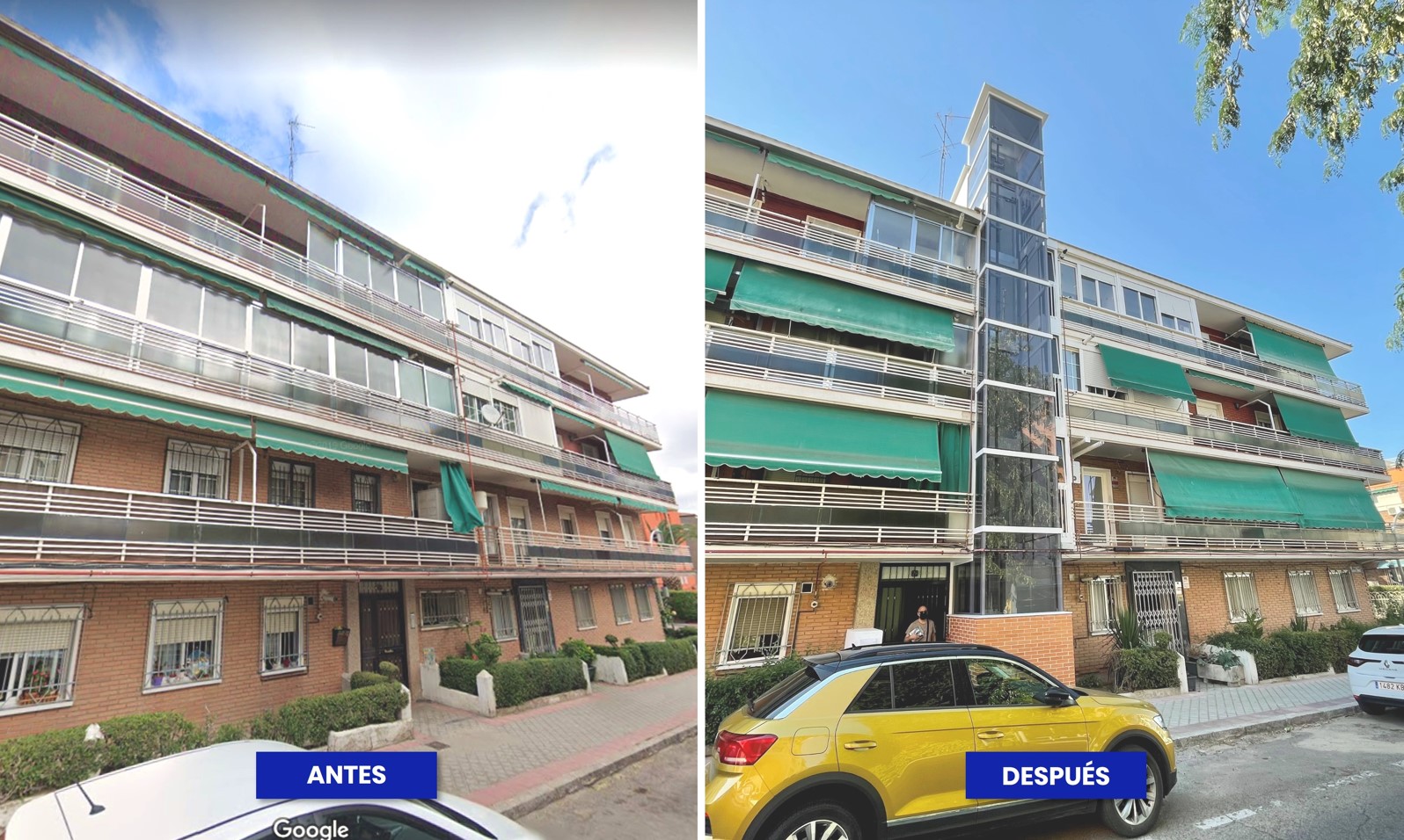 Antes y después de la instalación de un ascensor por la fachada de un bloque de viviendas