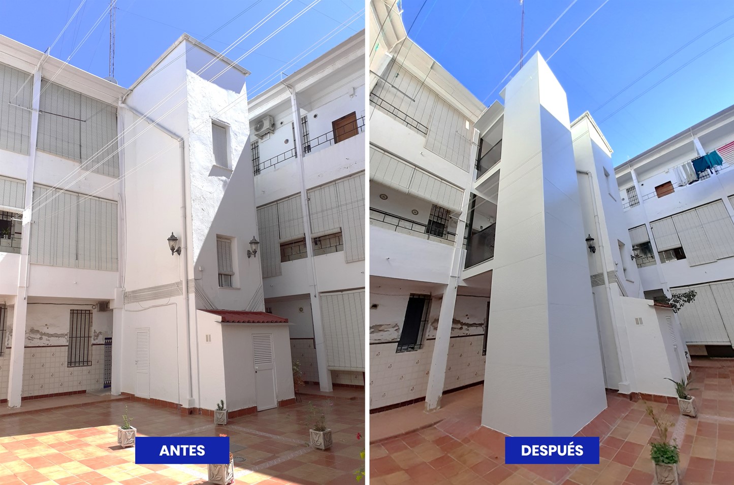 Antes y después de la instalación de un ascensor por el patio en un edificio residencial