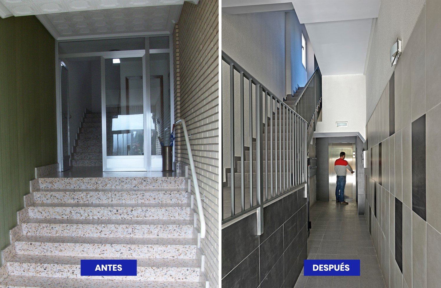 Antes y después de un portal tras la instalación de un ascensor