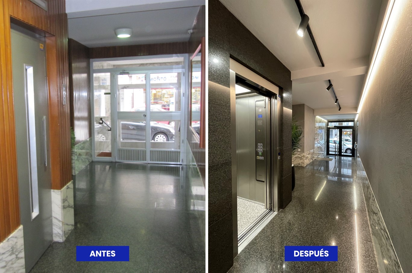 Vista desde el interior de un portal renovado antes y después de la instalación de un ascensor nuevo