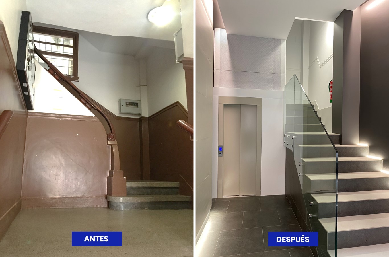 Antes y después del rellano de un edificio residencial tras la instalación de un ascensor