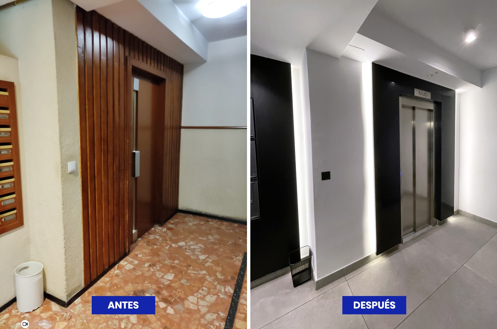 Antes y después de modernizar un ascensor