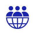 Icono de una esfera partida por la mitad boca abajo y sobre su eje central tres iconos de usuario sobre la esfera